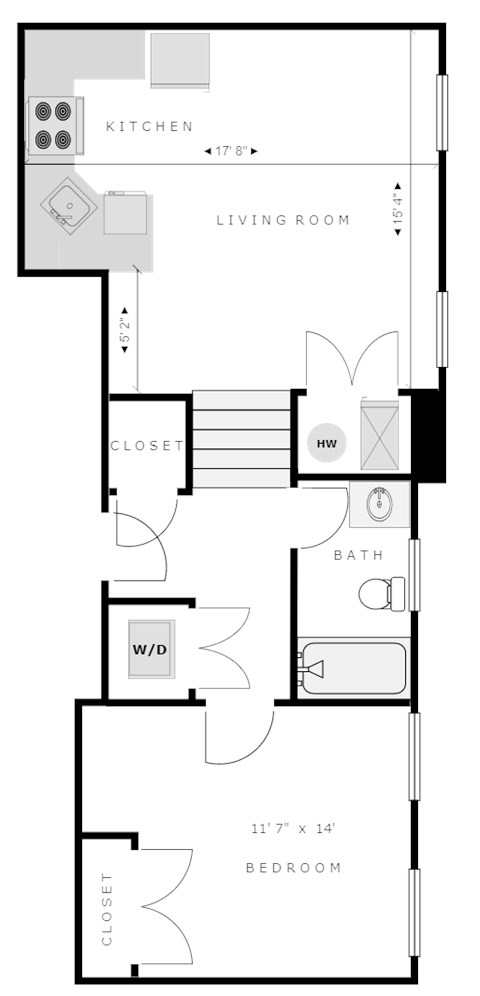 Floor plan for 1 bed, 1 bath, 600 sqft